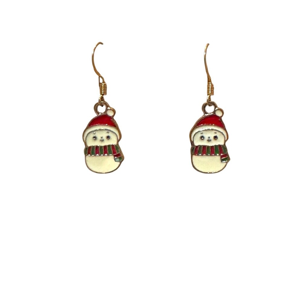 Enamel Snowman Christmas Charm 10kt Gold Plated Hook Earrings #2173